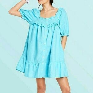 Stoney Clover Lane x Target Light Blue Ruffle Babydoll Mini Dress Linen Size 1X